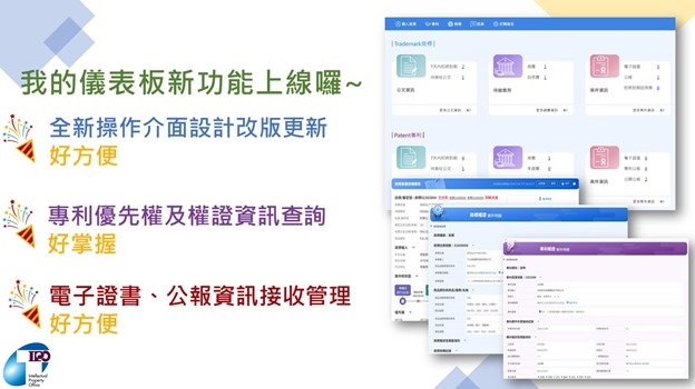 智慧局e網通「我的儀表板」服務介面改版更新，並新增專利及商標多項案件資訊下載