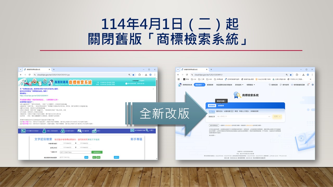本局舊版「商標檢索系統」將於114年4月1日起終止服務，請改用新版網站進行資訊查詢。