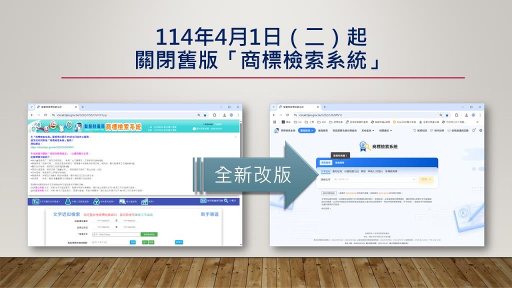 智慧局新版「商標檢索系統」自114年4月1日起正式提供服務，舊版網站終止資訊查詢。