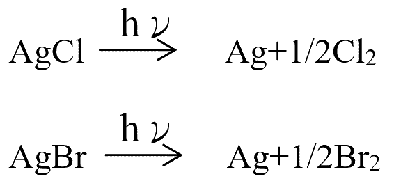 AgCl及AgBr等鹵化銀受光分解之化學反應式